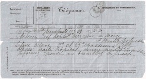 Télégramme destiné au maire de Tremblay-lès-Gonesse au sujet de la gravité des blessures d’Octave Labarre, le priant d’en informer son épouse, avril 1916.