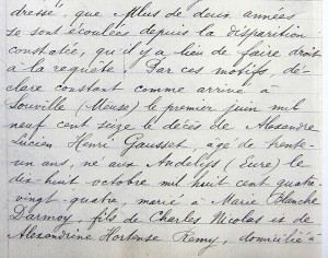 Extrait de la transcription du décès d’Alexandre Gausset, dans les registres d’état civil de Tremblay-lès-Gonesse, le 10 octobre 1922.